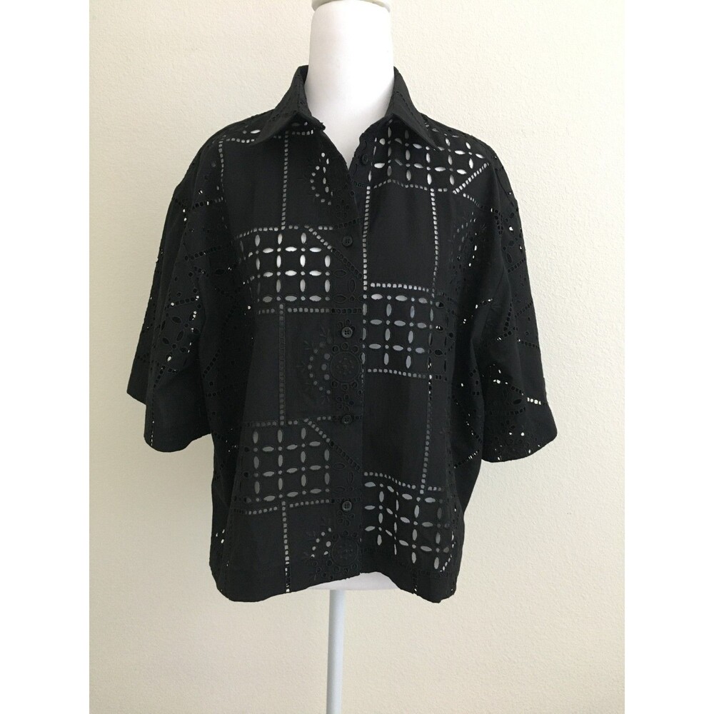 MSGM Cropped Broderie Anglaise Shirt Womens IT 40 Black Eyelet Button Up Italy